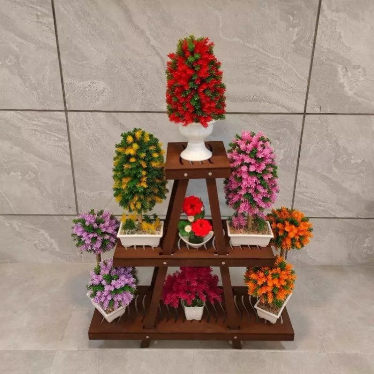 استند گلدان هرمی سه طبقه قهوه ای