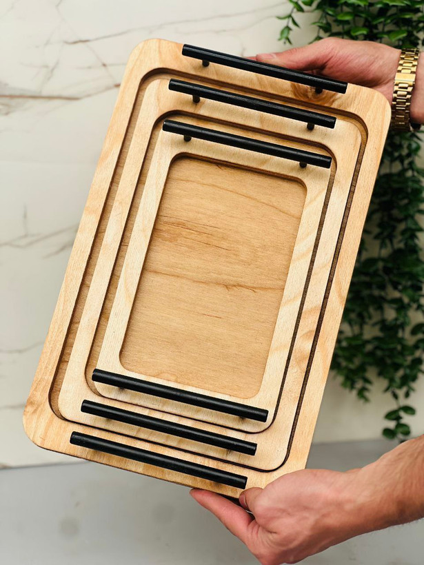 سینی سه عددی چوبی دسته فلزی