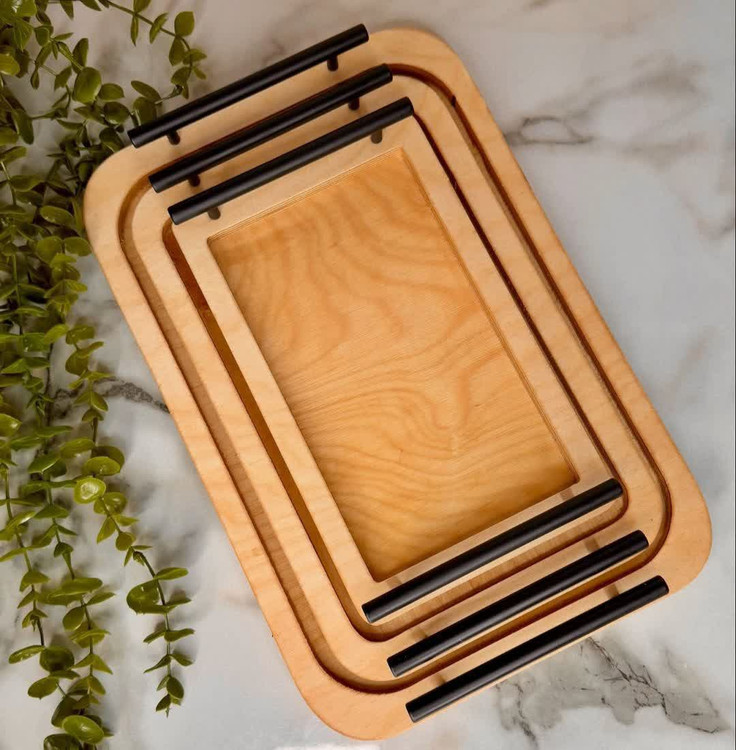 سینی سه عددی چوبی دسته فلزی جنس چوب