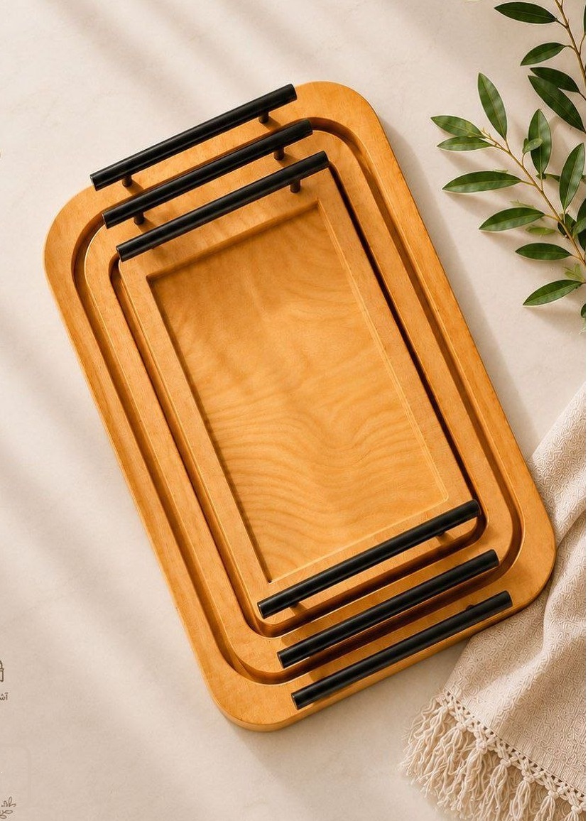 سینی سه عددی چوبی دسته فلزی