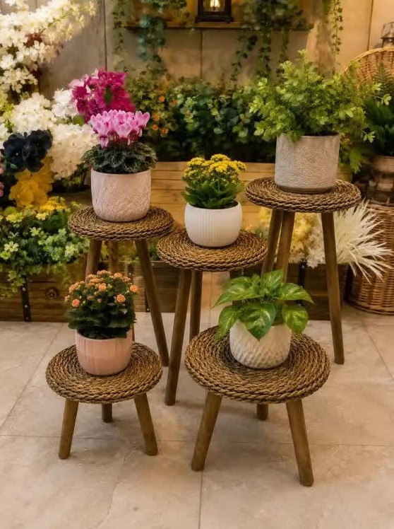 پایه گلدان استوانه ای حصیری پنج تیکه